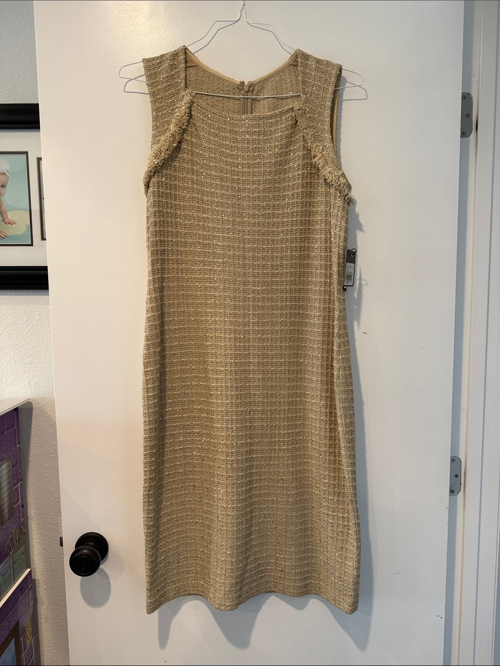 St. John Collection Sleeveless Metallic Tweed Midi Dress in Gold